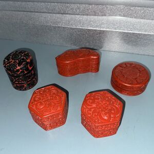 VTG Chinese Cinnabar Lacquer Trinket Boxes Lot of 5 - Carved & Enamel Inside